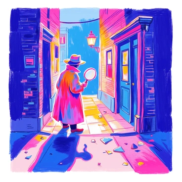 A shadowy figure stands at the entrance of a dark alley. The figure is partially cloaked in darkness, wearing a long trench coat and a wide-brimmed hat that obscures most of the face. In one hand, the figure holds a large magnifying glass, directing its attention towards the alley. The alley is dimly lit, with brick walls on either side and scattered debris on the ground. A faint light glimmers at the end of the alley, creating an air of intrigue. The atmosphere is charged with mystery, emphasizing the figure's role in uncovering hidden secrets.