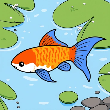 A small, colorful guppy with bright orange and blue scales is darting energetically around large green lily pads. The lily pads are scattered throughout the pond, with some having delicate white flowers blooming on top. The water is clear, revealing small pebbles and a few tiny fish swimming below. Sunlight reflects off the surface of the water, creating shimmering patterns. The guppy is in a dynamic pose, with its fins spread wide, showcasing its playful movements as it navigates through the aquatic environment.