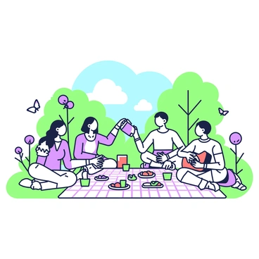 A group of friends is sitting on a checkered blanket spread across the grass in a park. There are four friends, two women and two men. One woman with long hair is pouring drinks from a thermos into two cups, while the other woman is laying out a selection of food such as sandwiches and fruit on the blanket. One man is sitting cross-legged, smiling and holding a book, while the other man is playing guitar. Surrounding the picnic scene are various blooming flowers in vibrant shapes and sizes, with some colorful butterflies fluttering nearby. In the background, there are trees providing shade and a clear blue sky above.