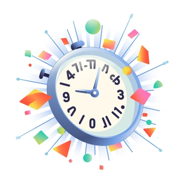 A silver stopwatch is prominently displayed in the center of the image. The stopwatch has a large, clear glass face showing a time of 00:15, with bold, black numbers and sleek, metallic hands. Suddenly, the stopwatch is bursting apart into a flurry of colorful pieces. Fragments of bright red, blue, green, and yellow scatter outward from the center, creating a dynamic explosion effect. The pieces are various shapes, including triangles, squares, and circles, all radiating outwards with motion lines indicating the force of the explosion. Each piece has a glossy finish that reflects light, enhancing the vibrant colors.