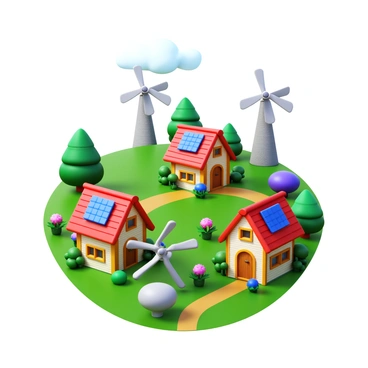A quaint village featuring several houses with solar panels installed on their roofs. Windmills are scattered throughout the landscape, turning gently in the breeze. The homes are designed in traditional styles, with wooden frames and colorful facades. Lush greenery surrounds the village, including trees and flowering plants that add to the charm. Small pathways connect the houses, creating a welcoming atmosphere. The sky is clear with a few fluffy clouds, enhancing the peaceful vibe of the village.