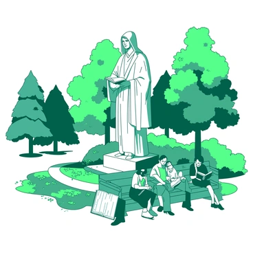 A white statue of Seneca stands prominently in the center of a green modern park. The statue depicts Seneca with a contemplative expression, draped in traditional robes, and is surrounded by scattered flower beds. Nearby, there are several people seated on a teal bench, engaged in reading various books. Some of the readers have their legs crossed, while others are leaning back comfortably. Lush trees provide shade in the background, and a few small pathways wind through the park, inviting more visitors to enjoy the serene atmosphere.