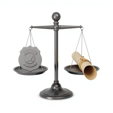A set of "scales of justice" prominently displayed in the center of the image. On one side of the scales, there is a "police badge" with a shiny silver finish, featuring intricate details and an emblem in the center. On the opposite side, a "rolled-up scroll" rests flat, tied with a piece of twine, its parchment-like texture visible. The background has a subtle gradient, enhancing the focus on the scales and the objects they balance. The scales themselves are crafted from polished metal, reflecting light, and their balance is slightly tilted toward the badge, suggesting a visual tension between law enforcement and legal documentation.
