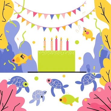 A whimsical underwater birthday party for a fish is taking place among vibrant coral reefs. Colorful decorations are hanging from the rocks, including bright orange and green streamers. Numerous balloons shaped like sea creatures float gently in the water, with shades of blue, pink, and yellow. In the center, there is a large cake made entirely of seaweed, beautifully adorned with tiny edible pearls and shells on top. Friendly fish are swimming around, wearing tiny party hats, and a few sea turtles are seen joyfully dancing nearby.