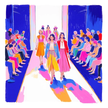 A contemporary fashion show features models walking down a sleek, modern runway. The runway is illuminated with bright white lights, creating reflections on its polished surface. Each model showcases a unique outfit, ranging from flowing gowns to structured jackets. The audience is seated on either side of the runway, displaying a mix of interest and admiration. Colorful fashion designs are complemented by accessories such as bold jewelry and stylish shoes. The atmosphere is filled with anticipation and excitement as the models glide confidently down the runway.