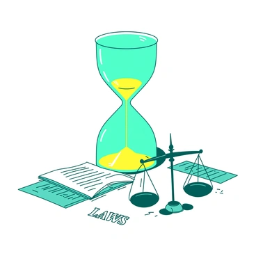 A teal hourglass is positioned upright on a white surface. The upper chamber of the hourglass is filled with vibrant yellow sand that is actively pouring down into the lower chamber. Surrounding the hourglass are detailed images of "laws" and "scales" scattered on the white surface. The images of "laws" include various legal documents with text, while the "scales" are represented by classic balance scales, symbolizing justice. The scene captures the steady flow of time represented by the hourglass in relation to law and justice.