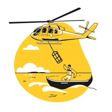 A KMAX helicopter with a distinctive rotor design is hovering above a small boat on the ocean. The helicopter is lowering a rescue basket towards a person in the boat, who is wearing a life jacket and looking up towards the helicopter. The ocean waves are gently lapping against the sides of the boat. In the background, the sky is clear with a few clouds visible. The scene captures the urgency of the rescue operation and the determination of the person in the boat as they reach out toward the basket.