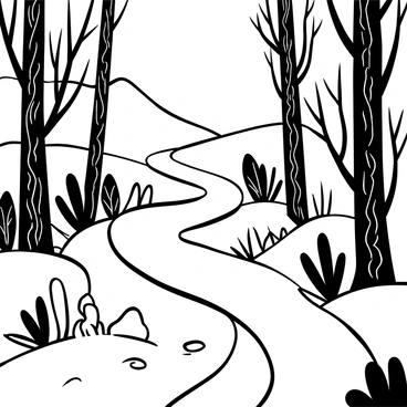 A winding nature trail curves through a dense forest, surrounded by tall trees with intricate bark patterns. Various types of plants and shrubs line the path, adding texture to the scene. In the background, rolling hills rise gently, creating a sense of depth. A few scattered rocks are placed along the trail, and patches of foliage create small clearings. The sky above is vast and open, enhancing the feeling of being immersed in nature.