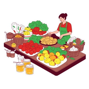 A vibrant scene of a farmers' market buffet filled with an array of fresh produce. There are bright red tomatoes, yellow bell peppers, and green leafy vegetables neatly arranged on wooden tables. Nearby, there are assorted artisan breads, including round loaves and baguettes, displayed in wicker baskets. On one side, several glass jars of golden honey are showcased, with sunlight reflecting off their surfaces. The atmosphere is lively, with customers selecting items and connecting with local farmers.