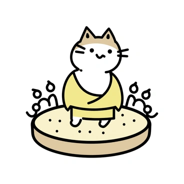 A chubby cat, with fluffy fur and a round belly, is dressed in a traditional sumo wrestler outfit, complete with a mawashi. The cat is posed confidently on a miniature dohyō ring made of light-colored wood, with soft beige sand filling the center. The cat's big eyes are focused, and its whiskers are prominently displayed. Surrounding the dohyō, small spectators can be seen, adding to the atmosphere of the scene.