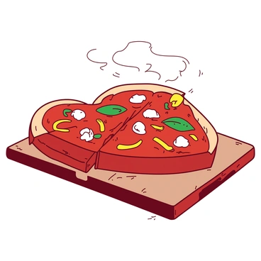 A red heart-shaped pizza is placed on a wooden cutting board, just out of the oven. The pizza is topped with a mix of colorful ingredients, including yellow bell peppers, green basil leaves, and pieces of white mozzarella cheese. Steam is gently rising from the hot pizza, showcasing its freshness. Various slices are cut, revealing the melting cheese and vibrant toppings inside. The background features a rustic kitchen setting, enhancing the warm and inviting atmosphere.