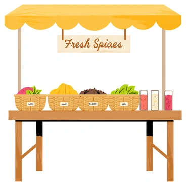 An Asian spice market stall with a rustic wooden table covered in woven baskets. Each basket is filled with colorful spices and herbs, showcasing vibrant shades of red, yellow, green, and brown. There are small labels in front of each basket identifying the spices, written in a delicate script. The background features a fabric canopy in warm tones, filtering soft light onto the stall. A few glass jars filled with exotic spices are arranged on the side, and a hand-painted sign hanging above reads "Fresh Spices."