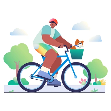 A cyclist with medium skin is pedaling a bright blue bicycle along a sunny path. The cyclist is wearing a red helmet and a light blue shirt, with shorts that have colorful patterns. In the front basket of the bicycle, a small brown and white dog is sitting comfortably, looking around with its ears flapping in the wind. The dog is wearing a little blue bandana around its neck. Surrounding the path are green trees and colorful flowers that add vibrancy to the scene. The sky is clear with a few fluffy white clouds drifting by.