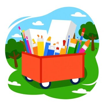 A vivid art supply cart brimming with paints, brushes, and canvases in a park