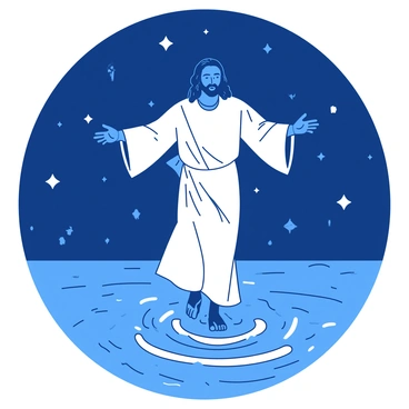 A figure of Jesus is walking on the surface of a dark blue sea, creating gentle ripples around his feet. The night sky is filled with numerous shining stars, casting a soft glow on the water below. Jesus is wearing a flowing white robe that billows slightly in the breeze. His arms are outstretched in a welcoming gesture, and a serene expression is on his face as he moves gracefully across the water. The ocean reflects the twinkling stars, adding to the tranquil atmosphere of the scene.