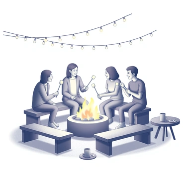 A fire pit surrounded by a circular seating arrangement made of wooden benches. Several friends are gathered around the fire pit, with two of them holding long skewers with marshmallows roasting over the flames. The friends are engaged in conversation, sharing laughter and stories. The area is adorned with string lights hanging above, casting soft illumination. A few empty mugs and snacks are placed on a nearby wooden table. The overall atmosphere conveys warmth and camaraderie.