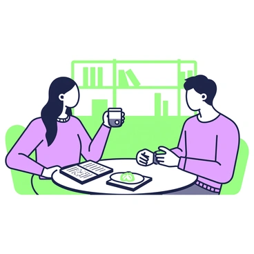 Two students are sitting at a small round table in a café, engaged in a Spanish conversation. One student, a young woman with long hair, is holding a cup of coffee in her right hand while looking attentively at the other student. The other student, a young man with short hair, is sitting across from her and has his hands placed on the table, leaning slightly forward as he speaks. On the table, there is a notebook open between them, filled with notes and vocabulary. A small plate with a pastry is also present, alongside their coffee cups. The café has a warm, inviting atmosphere, with shelves of books in the background and subtle lighting illuminating their table.
