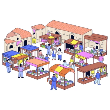 A spacious ancient marketplace filled with various stalls made from wood and fabric. Each stall displays a variety of goods such as fruits, vegetables, pottery, and textiles. People of different ages and attire are mingling throughout the market. A few vendors are seen actively selling their products, while others are engaged in conversation. In the background, there are simple stone buildings with terracotta roofs. Bright sunlight illuminates the scene, casting soft shadows on the ground. Colorful banners and signs hang above some of the stalls, adding vibrancy to the marketplace atmosphere.