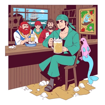 A teal pirate with a bandana is sitting at a wooden bar in a lively pirate tavern. Zoro has a large mug of frothy beverage in his hand and wears a relaxed expression. The bar is filled with various colorful characters, including a red-bearded man wearing an eye patch, a cheerful blue-skinned mermaid sitting on a nearby stool, and a pink parrot perched on the back of Zoro's chair. The walls of the tavern are adorned with vibrant paintings of ships and treasure maps, contributing to the bustling atmosphere. The wooden floor is scattered with white seashells and crumpled parchment, reflecting the lively and chaotic pirate life.