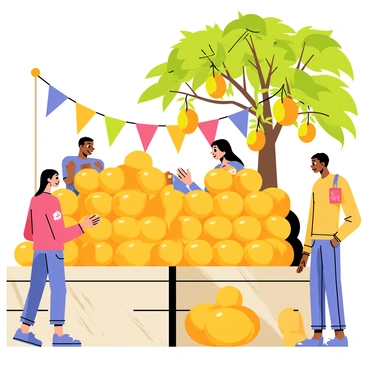 A bustling market stall overflowing with "freshly picked mangoes" in vibrant shades of yellow and orange. The stall is made of wooden crates, stacked high with mangoes, displaying their shiny skin. In the background, there is a "mango tree" with lush green leaves and clusters of mangos hanging from its branches. Colorful banners flutter above the stall, adding to the lively atmosphere of the market. Customers of diverse backgrounds browse the stall, their attention captured by the ripe fruit. Sunlight casts warm shadows, highlighting the abundance of mangoes and the vibrant market scene.
