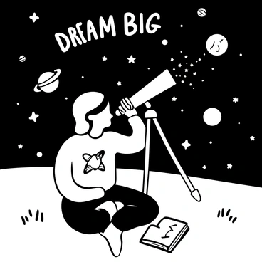 A young girl sitting on the grass, looking through a telescope. She is wearing a space-themed t-shirt and has a notebook beside her. In the background, there are scattered stars and planets illustrated in various sizes and shapes. The night sky is filled with celestial elements, enhancing the theme of space exploration. The words "Dream Big" appear above her, emphasizing her aspiration to become an astronaut.