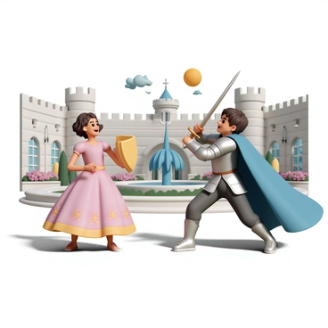 A young knight, wearing shining silver armor and a blue cape, is playfully sparring with a wooden sword. He has short brown hair and a determined expression. A princess, dressed in a flowing pink gown adorned with gold embroidery, is laughing joyfully as she pretends to defend herself with a small shield. The courtyard of a grand medieval castle features stone walls, a whimsical garden with colorful flowers, and a majestic fountain in the center. The sun is shining brightly, casting playful shadows on the ground as a few birds fly overhead.