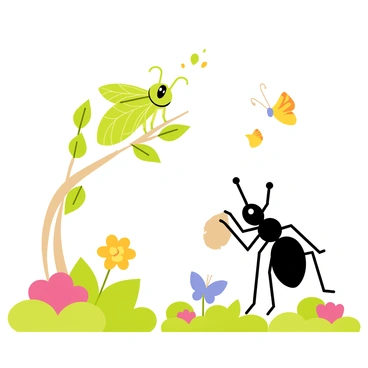 A lively scene featuring a "cicada" with vibrant green wings perched on a tree branch, singing melodiously. Below, an "ant" with a shiny black body is expertly lifting a tiny crumb, demonstrating its strength. The background includes colorful flowers and lush grass, with butterflies fluttering nearby, adding to the cheerful atmosphere of the friendly competition. The cicada and ant are facing each other, both displaying expressions of determination and excitement.
