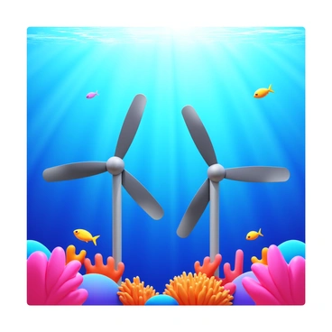 A set of underwater tidal turbines with sleek, metallic blades. The turbines are surrounded by vibrant coral reefs in various shades of pink, orange, and purple. Colorful fish swim among the corals, and sunlight filters through the water, creating shimmering patterns. The scene captures the interaction between technology and marine life.