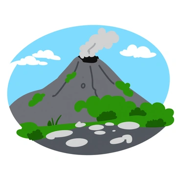 A distant volcano with a rugged, steep slope, crowned by a dark, smoking crater. Gray steam and wisps of black smoke are rising dramatically from the top, swirling into the blue sky. The volcano's rocky surface is textured, with patches of green vegetation dotting the landscape around its base. In the foreground, a rocky terrain with scattered stones and sparse grass leads the viewer's eye toward the imposing mountain. Soft clouds drift in the background, adding depth to the scene.
