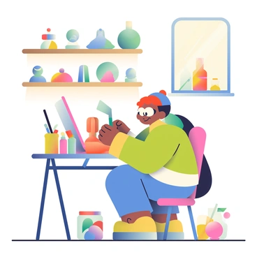 A tiny workshop with wooden shelves lined with various miniature sculptures in different stages of completion. A cartoon character with big, expressive eyes and colorful attire is sitting at a small workbench. The character has a bright smile and is carefully holding a tiny chisel in one hand, while the other hand supports a delicate sculpture made of clay. The workbench is cluttered with tools, paintbrushes, and jars filled with vibrant paint. Sunlight filters through a small window, casting a warm glow on the character and the sculptures around.