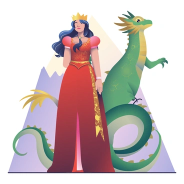 A fierce queen with long, flowing dark hair is standing tall next to a large, majestic dragon. The queen is wearing a deep red gown adorned with intricate gold patterns. Her crown, which is glinting in the light, is embellished with shimmering dragon scales that reflect shades of green and gold. The dragon is perched beside her, its scales a vibrant mix of emerald green and bronze, with piercing golden eyes. Its wings are partially spread, showcasing a delicate pattern of veins. The background is filled with hints of a mountainous landscape, providing a sense of strength and majesty to the scene.