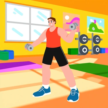 A young athlete with a determined expression is performing reverse fly exercises in a vibrant sports facility. The athlete is wearing a bright red tank top and black shorts, showcasing a fit physique. They are positioned with a slight bend at the knees and are holding two light dumbbells, extending their arms out to the sides. The sports facility is filled with colorful workout equipment, including exercise mats, weight machines, and dynamic wall art. Sunlight streams in through large windows, casting bright patterns on the polished wooden floor.
