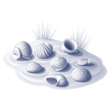 A collection of seashells scattered on a sandy beach. The shells vary in shape and size, displaying intricate patterns and textures. Each shell has unique features, such as spirals, ridges, and smooth surfaces. The sandy beach is fine and textured, with gentle undulations. In the background, small dune grass rises slightly above the sand, framing the collection of shells. The scene conveys a peaceful coastal setting, inviting the viewer to explore the beauty of marine treasures.
