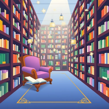 A magical library is filled with towering shelves made of dark wood, each stacked with ancient books. Floating books are hovering in the air, some open, with pages gently flipping as if being read by an invisible reader. Sparkling lanterns hang from the ceiling, casting a warm, glimmering light throughout the space. The floor is covered in a rich, deep blue carpet adorned with intricate gold patterns. In one corner, a large, ornate armchair sits, draped with a velvet throw, inviting readers to relax and explore the wonders of the library.