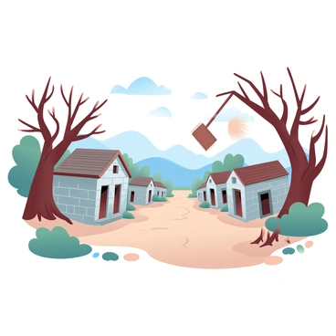 An ancient, deserted village features crumbling stone buildings with weathered facades and partially collapsed roofs. Dusty, empty streets are lined with remnants of long-abandoned homes. Tumbleweeds are rolling through the streets, caught up in the gentle breeze, creating a sense of motion in the stillness. Trees with sparse branches extend over the village, casting long shadows on the ground. A faded wooden sign hangs askew, partially obscured by the overgrowth. In the background, distant mountains rise under a clear sky.