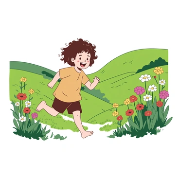 A hobbit jogging through a field of wildflowers with the wind in their hair