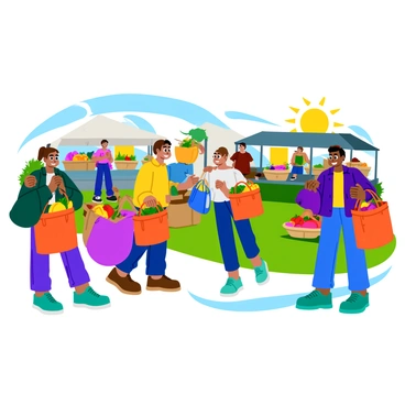 A bustling farmer's market scene filled with shoppers. Various individuals are holding "eco-friendly bags" that are colorful and textured. Inside the bags, "fresh, organic produce" such as bright red tomatoes, leafy greens, and yellow bell peppers are visible. Stalls are adorned with "baskets of fruits" including apples and oranges, as well as "vibrant flowers" in pots. The sun is shining bright, casting cheerful light over the market, enhancing the lively atmosphere. Shoppers are engaged in conversations, creating a sense of community and interaction.