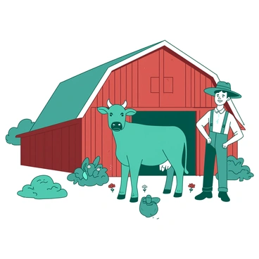 A teal whimsical farm scene features a two-headed calf standing beside a red barn. The calf has soft, fluffy fur and playful expressions on both heads. The barn is large, with a traditional structure, and its doors are slightly ajar, revealing some hay inside. A farmer in a straw hat is nearby, smiling as he leans against the barn, holding a pitchfork. Surrounding the scene are patches of green grass and a few colorful flowers, completing the charming atmosphere of the farm.