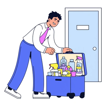 A door-to-door salesman is standing outdoors in front of a house. He is wearing a neat dress shirt and pants, and has a friendly expression on his face. The salesman is bending down to open a large suitcase that is on the ground. The suitcase is partially open, revealing a variety of colorful sample products neatly arranged inside. There are household items such as cleaning supplies, kitchen gadgets, and personal care products visible. The scene captures a moment of engagement as he prepares to present his samples to a potential customer.