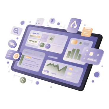 A digital flat illustration of a sleek digital dashboard set in a futuristic environment. The dashboard features various graphs and charts showcasing a portfolio, with elements highlighting "margin buys" prominently. The background is filled with abstract shapes and lines that suggest advanced technology. There are glowing indicators next to each chart, and vibrant colors like blue, green, and silver dominate the interface. The dashboard is surrounded by floating holographic icons representing stocks and financial data, creating a sense of a high-tech investment platform.