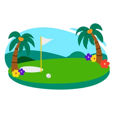 A golf hole on a tropical course featuring a neatly manicured green surrounded by lush, vibrant flowers in various colors including red, yellow, and purple. Towering palm trees frame the scene, their fronds swaying gently in a light breeze. The flagstick stands tall in the hole, with a bright white flag fluttering at the top. In the background, a clear blue sky stretches overhead, accentuating the rich greenery of the course. The golf ball is positioned on the tee, ready for the next shot.