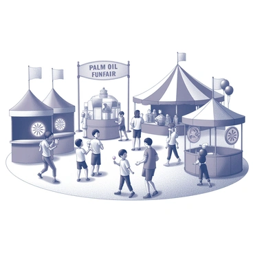 A vibrant funfair filled with families enjoying various attractions. There are several game booths featuring palm oil-themed activities, such as a ring toss with palm oil bottles and a dart game with targets depicting palm trees. Colorful tents line the pathways, and children are seen laughing as they participate in a coconut bowling game. Nearby, a small carousel showcases rides in the shape of tropical animals. The scene is bustling with families walking around, holding cotton candy and balloons, while a large banner hanging overhead reads "Palm Oil Funfair."