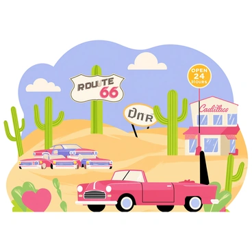 A colorful vintage postcard displaying several iconic spots along Route 66. The foreground features a classic red convertible car parked beside a large sign that reads "Route 66." In the background, there are illustrations of the "Caddyshack," a vibrant collection of Cadillac cars half-buried in the desert sand. A retro diner appears on one side, with a bright neon sign flickering "Open 24 Hours." Scattered throughout the scene are stylized cacti and a blue sky with fluffy white clouds, capturing the essence of the open road.