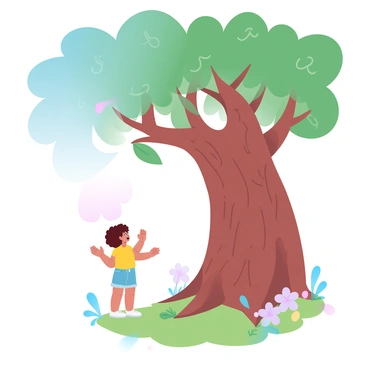 A child with curly hair is standing in a lush, enchanted forest. The child is wearing a bright yellow shirt and denim shorts, and is looking up in amazement. In front of the child is a large, ancient tree with a thick trunk and wide branches. The tree has vibrant green leaves and intricate bark patterns. The trunk is slightly curved, and there are subtle, whimsical features that suggest it is speaking. Sunlight filters through the leaves, casting dappled light on the forest floor, which is covered in soft moss and colorful wildflowers.