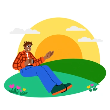 A lone harmonica player sits on a grassy hill, playing a reflective tune. The player has tousled hair and is wearing a plaid shirt and denim jeans. In the background, the sun is rising, casting warm orange and yellow hues across the sky. Soft rays of light illuminate the player's face and create long shadows on the ground. Fluffy white clouds drift lazily in the sky as the horizon glows with the promise of a new day. The serene landscape is dotted with wildflowers, adding pops of color around the hill.