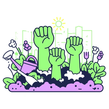 A garden scene with green thumbs sprouting from the soil as if they are plants. In the center, there are multiple green thumbs emerging upright, with detailed fingers and knuckles visible. Around them, various plants with broad leaves and colorful flowers are growing, creating a vibrant atmosphere. Sunlight is shining down on the garden, casting shadows of the plants on the ground. A small watering can is placed at the edge of the garden, and a garden trowel lies nearby, partially covered with soil. A wooden fence can be seen in the background, enclosing the garden area.