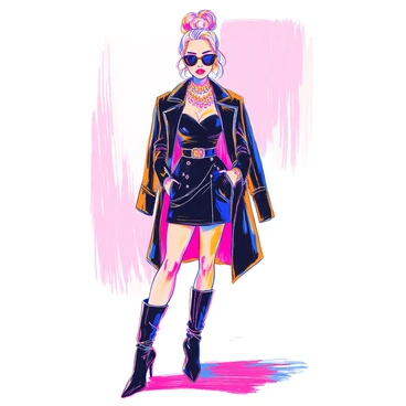 A fashionista is standing confidently in a striking all-black outfit, which consists of a fitted black blazer paired with a sleek black dress and knee-high black boots. She is accessorized with a chunky statement necklace and oversized sunglasses. Her hair is styled in an elegant updo, showcasing her bold makeup. The background is minimalist and completely white, providing a stark contrast that highlights her outfit and pose.