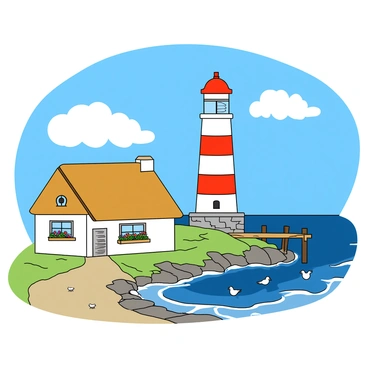 A quaint cottage with a thatched roof and white walls, adorned with colorful flowers in window boxes. Next to the cottage stands a tall, red and white striped lighthouse with a bright light at the top. The lighthouse has a sturdy stone base and a spiral staircase visible through the glass windows. The ocean stretches out in the background, with gentle waves lapping against the rocky shore. A small wooden pier extends into the water, with a few seagulls perched on the posts. The sky above is a vibrant blue, dotted with fluffy white clouds.