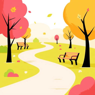 An autumn park scene featuring a central path winding through the landscape. The path is lined with wooden benches on either side, inviting visitors to sit and enjoy the scenery. Trees are adorned with vibrant leaves in shades of red, orange, and yellow, scattered throughout the ground as well. Soft sunlight filters through the branches, casting dappled shadows on the ground. A gentle breeze creates a few swirling leaves in the air, enhancing the seasonal atmosphere.