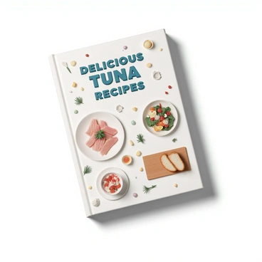A cookbook cover titled "Delicious Tuna Recipes" prominently displayed at the top in a bold, playful font. Below the title, there is an assortment of illustrated dishes that feature tuna, including a vibrant tuna sashimi plate with thinly sliced fish garnished with wasabi and pickled ginger, a hearty tuna salad served in a bowl with fresh vegetables, and a classic tuna sandwich neatly cut on a wooden board. Surrounding these dishes are small decorative elements such as herbs and spices, enhancing the culinary theme of the cover. The background features a subtle kitchen texture to add depth to the overall design.